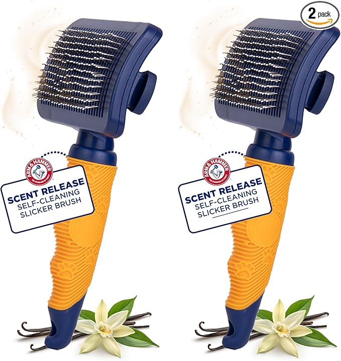 Arm & Hammer Deodorizing Slicker Brush for Dogs, Fragrance Transfer Technology with Baking Soda, Self-Cleaning Button, Removes Loose Fur & Tangles, Dog Grooming Brush, Sweet Lily & Vanilla - 2 Pack