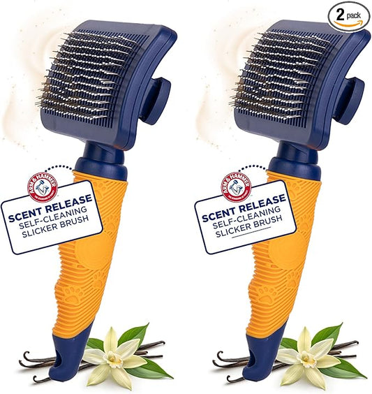 Arm & Hammer Deodorizing Slicker Brush for Dogs, Fragrance Transfer Technology with Baking Soda, Self-Cleaning Button, Removes Loose Fur & Tangles, Dog Grooming Brush, Sweet Lily & Vanilla - 2 Pack