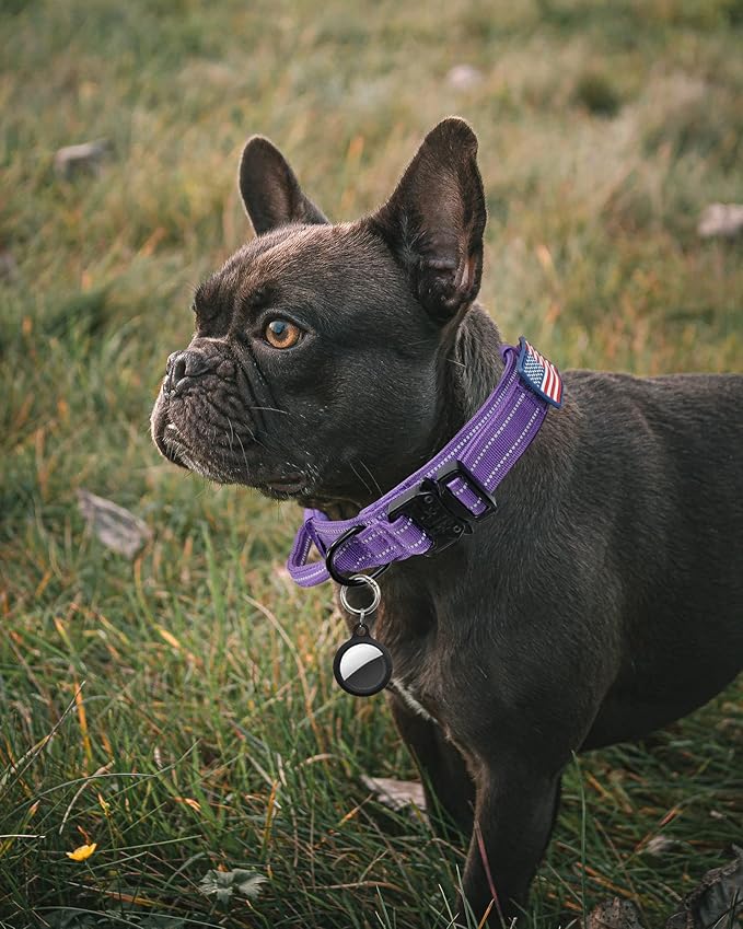 AUBELL Reflective Tactical Dog Collar,Adjustable Military Heavy Duty K9 Collars with Handle and Quick Release Metal Buckle Great for Large Dogs, with Airtag Case and 2 Patches (Purple,L)