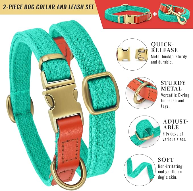 Dog Collar and Leash Set with Metal Quick Release Buckle, Adjustable, Breathable Nylon, Durable, Soft and Comfortable, No Pull for Walking and Training, Cyan, M (12.5"-19.6")