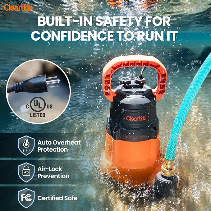 1 HP Submersible Utility Water Pump, 4500 GPH Sump Pump, Portable Plug and Work for Pond, Garden Watering, Pool or Hot Tub Water Transfer