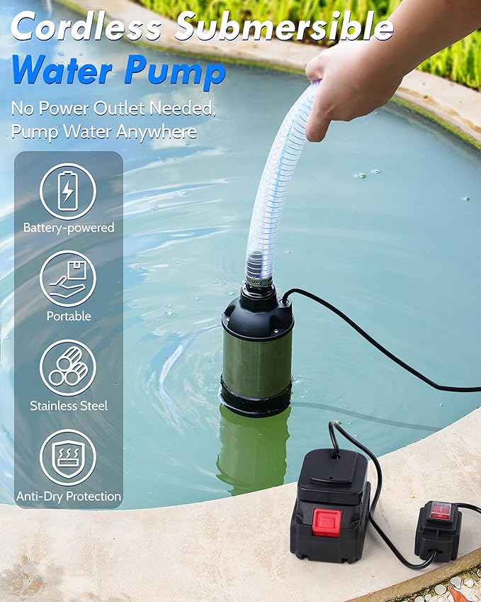 Cordless Submersible Water Transfer Pump, 1100GPH Battery Powered Sump Pump for Hot Tub, Portable Submersible Utility Pump for Camping, Rain Barrel, Includes 21V Battery, Charger and Adapter