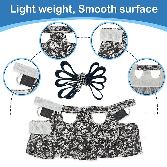 Guinea Pig Harness Skirt Clothes and Leash, Adjustable Hamster Ferret Harness and Leash Set, No Pull Walking Vest for Ferrets, Chinchillas and Similar Small Animals (Black M