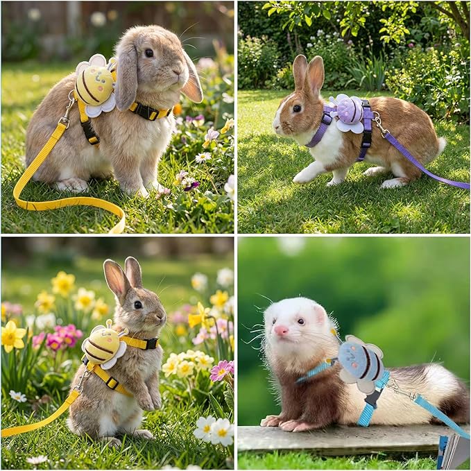 4 Sets Leash Set Small Pet Cute Vest Harness Leash and Adjustable Bunny Rabbit Harness with Decoration for Bunny Ferret Small Pets(Bees)