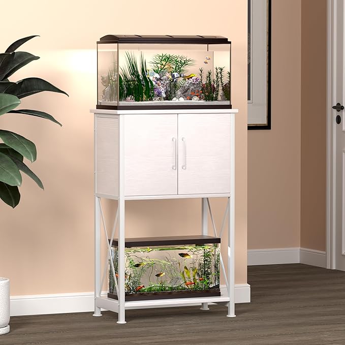 Herture 5-10 Gallon Fish Tank Stand, Metal Double Aquarium Stand with Cabinet for Fish Tank Accessories Storage, Heavy Duty 20.5" L* 11.02" W Tabletop, 500LBS Capacity White PG06YGW