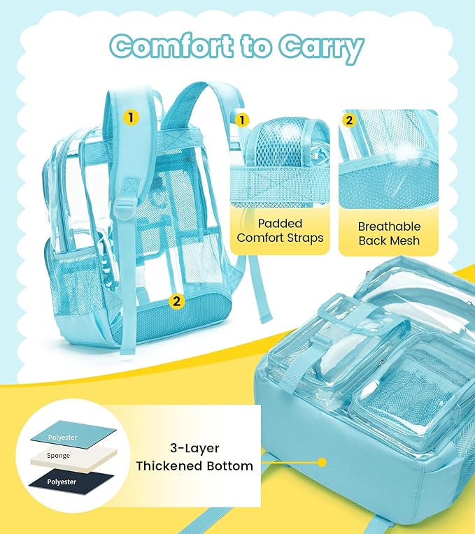 Vorspack Clear Backpack - Heavy Duty Transparent Bookbag for Adults Large See Through backpacks for Work, College, Travel - Sky Blue
