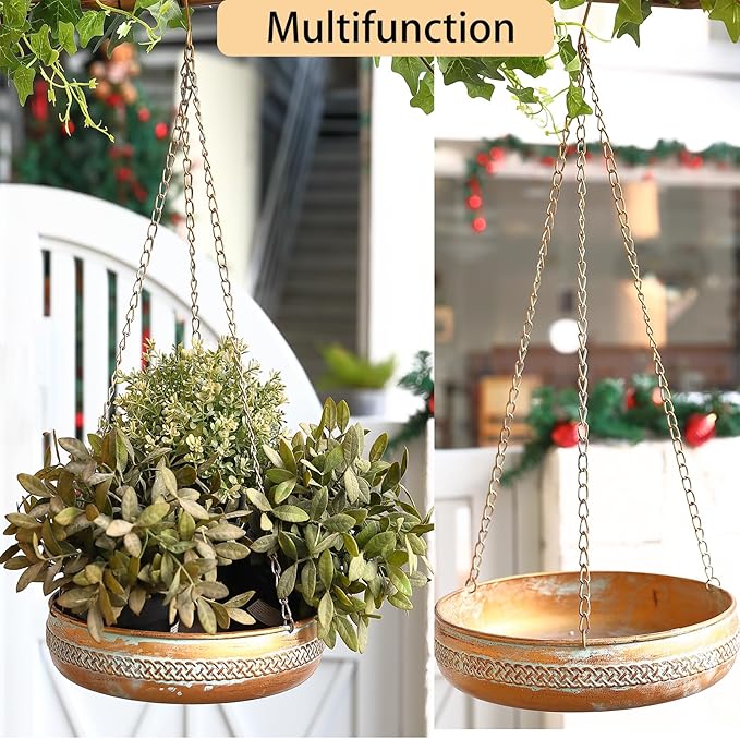 Metal Hanging Bird Bath for Outdoors, Antique Patina Hanging BirdBath for Outside, Hanging Birdbath/Feeder for Outside Garden, Yard, Lawn Decoration