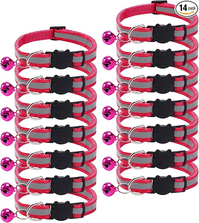 14 Pack Breakaway Cat Collar with Bell, Reflective Kitten Collar for Girl Boy Cats, Safety Buckle Adjustable 7.5-12.5 Inch, 0.4 Inch Width Lightweight, Pet Gifts (Rose)