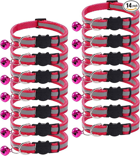 14 Pack Breakaway Cat Collar with Bell, Reflective Kitten Collar for Girl Boy Cats, Safety Buckle Adjustable 7.5-12.5 Inch, 0.4 Inch Width Lightweight, Pet Gifts (Rose)