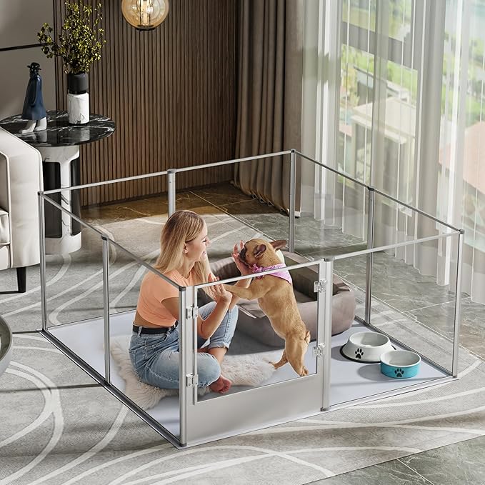 BingoPaw Clear Dog Playpen Fence : Indoor Pet Whelping Box Pen with Waterproof whelping pad - Small Animal Acrylic Exercise Kennel with Metal Frame for Puppy Rabbits Kitten Guinea Pig