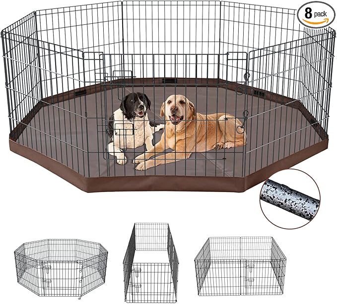 NEZUC Foldable Metal Dog Exercise Playpen Gate Fence Dog Crate 8 Panels 24 Inch Height Puppy Kennels with Top Cover/Bottom Pad for Animals Outdoor Indoor (Playpen+Bottom Pad, Brown, 24" H)
