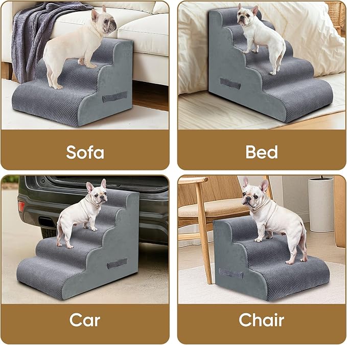 PAWSCRAT Pet Stairs for Dogs 3-Step, 15.7" H Pet Stairs for High Bed, Couch Sofa & Chair, 30D Material Soft Foam Dog Steps with Non-Slip Bottom Surface Removable Washable Cover, Grey