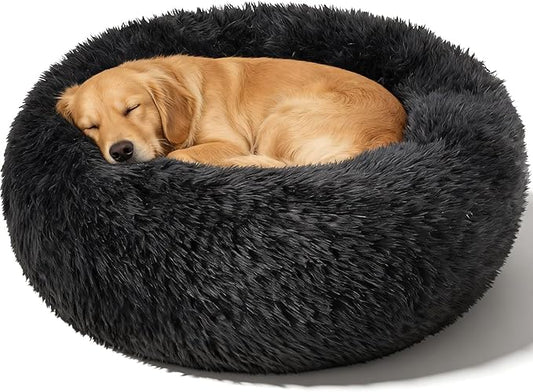 Dog Calming Beds for Medium Large Dogs - Round Donut Washable Puppy Dog Bed, Anti-Slip Faux Fur Fluffy Donut Cuddle Anxiety Cat Pet Bed(36" Black