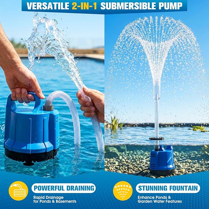 2026 Upgraded Pond Pump,Submersible Water Pump for Fountain Light-Deep Blue | 2-in-1 Pool Cover Pump with Fountain Light,Sump Pumps for Pool Draining,Pond Fountain Pumps Outdoor,Auto Water Sensor, 16ft