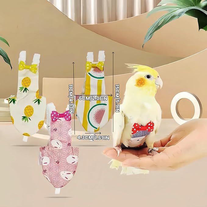 2Pcs Bird Diapers Bird Harness Flight Suits Diapers with 80 Inch Flying Leash Parrot Nappy Washable Cute Urine Wet Suit for Cockatiel Conure Macaw Budgies Parakeet-Pineapple&Watermelon,M