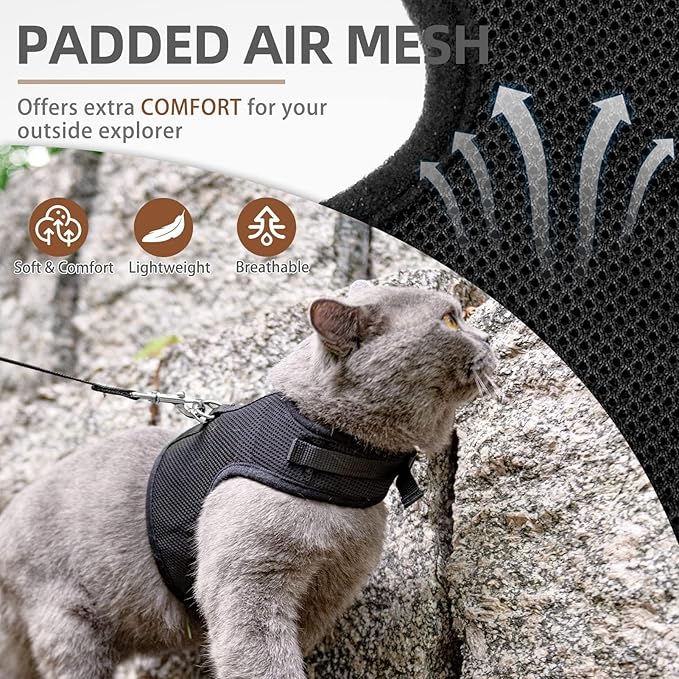 PUPTECK Soft Mesh Cat Vest Harness and Leash Set Puppy Padded Pet Harnesses Escape Proof for Cats Small Dogs Rabbits Bunny, Black Large