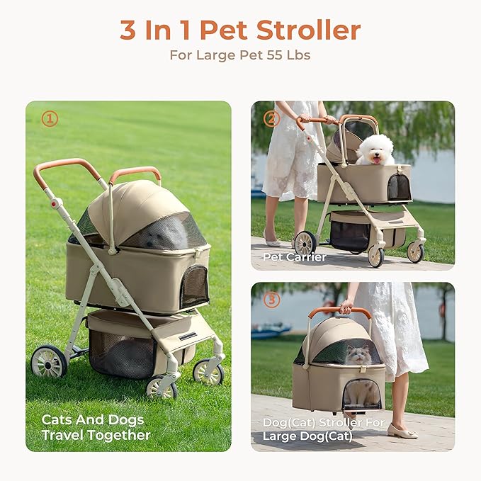 Dog Cat Stroller for Small & Medium Pets up to 55 lbs, Foldable Pet Stroller with Detachable Carrier, 4 Swivel Wheels, Adjustable Handle & Canopy