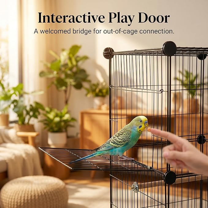 Large Bird Cage with Rolling Stand, 46x24x12 Inch Flight Cage for Parakeets, Cockatiels, Conures, Metal Wire Cage with Wooden Perches, Feeders, Wheels, Black