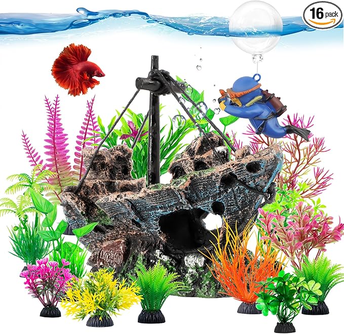 16 Pcs Aquarium Decor Set Shipwreck Decoration Little Diver Floating Fish Tank Decoration Fish Tank Plants
