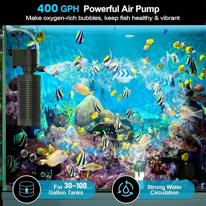 400GPH 4-in-1 Aquarium Filter 30~100 Gallon Quiet Fish Tank Filters | Submersible Turtle Tank Filter with 18W Powerful Pump, Bio-Sponge Filtration, Aeration, Water Cycle, Easy Setup & Cleaning