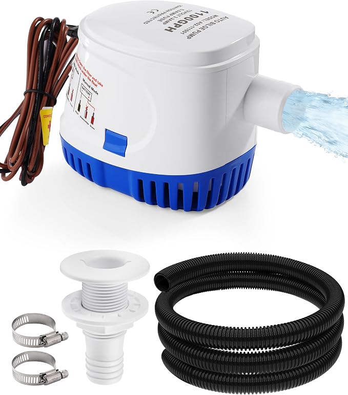 12V Automatic Boat Bilge Pump Kit, 1100GPH DC Marine Pump w/Float Switch | Submersible Water Removal Pump for Fishing Boat, Runabouts, Cruisers, 1-1/8" Outlet, Marine-Grade Hose & Thru-Hull Fitting