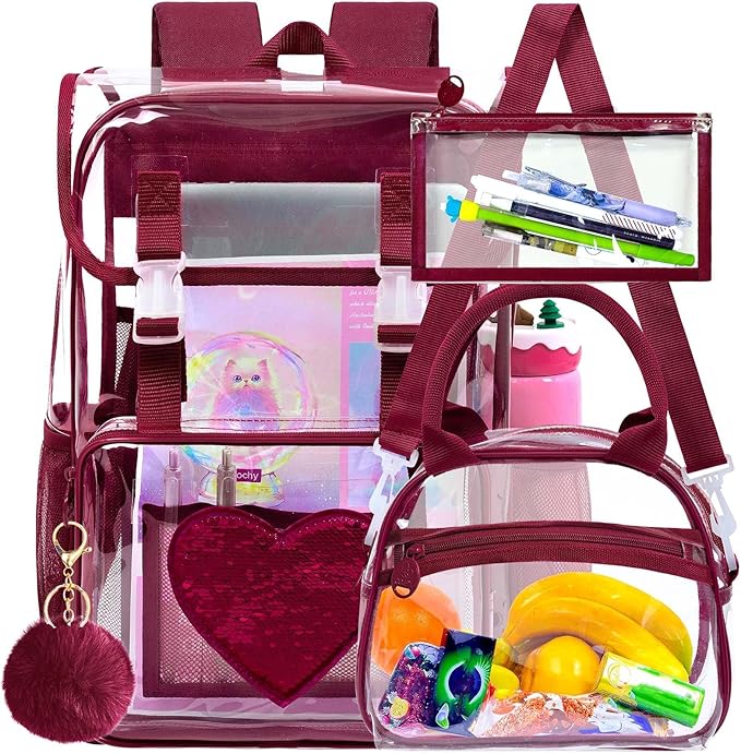 17" Sequin Clear Backpack for Girls - 3Pcs School Flip Design Stadium Approved Set, Gym/Concert Transparent Bookbag (Red)
