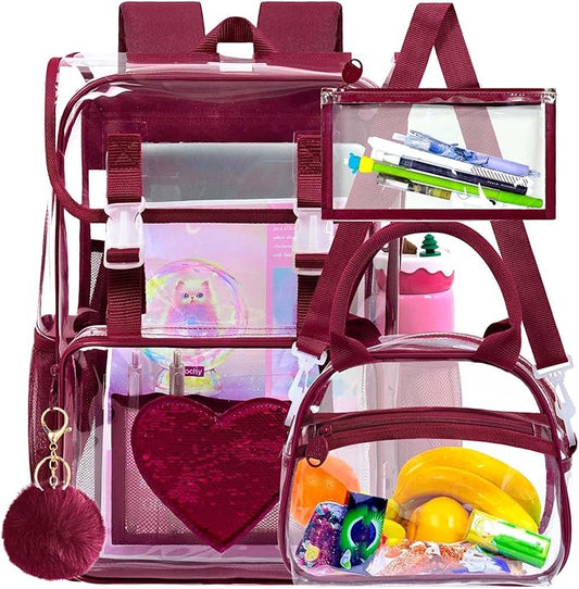 17" Sequin Clear Backpack for Girls - 3Pcs School Flip Design Stadium Approved Set, Gym/Concert Transparent Bookbag (Red)