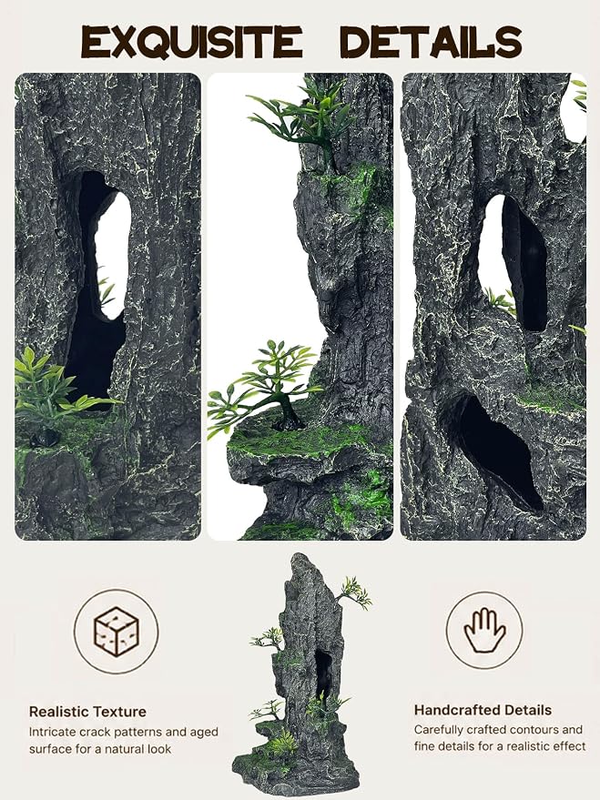Aquarium Decor - Tall and Large Mountain Rock Ornament for Fish Tank, Aquarium Hideout with Rock Texture for Betta, Guppy, Shrimp - Safe Aquatic Decoration, Fish Hiding House（Black）