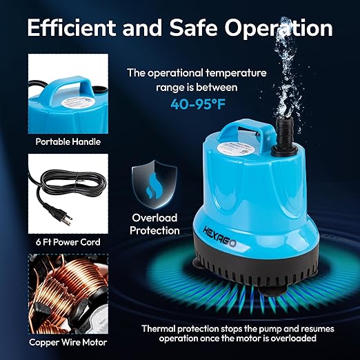 Hexago 580GPH Submersible Water Pump, 60W High Flow Fountain Pump with 9FT Max Lift, Quiet Small Sump Pump for Pond, Aquarium, Hydroponics, Waterfall, Fish Tank
