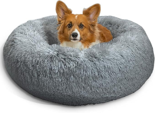 Best Friends by Sheri The Original Calming Donut Dog Bed for Medium Dogs up to 45 lbs, Shag Faux Fur, Gray, Medium, 30" x 30"