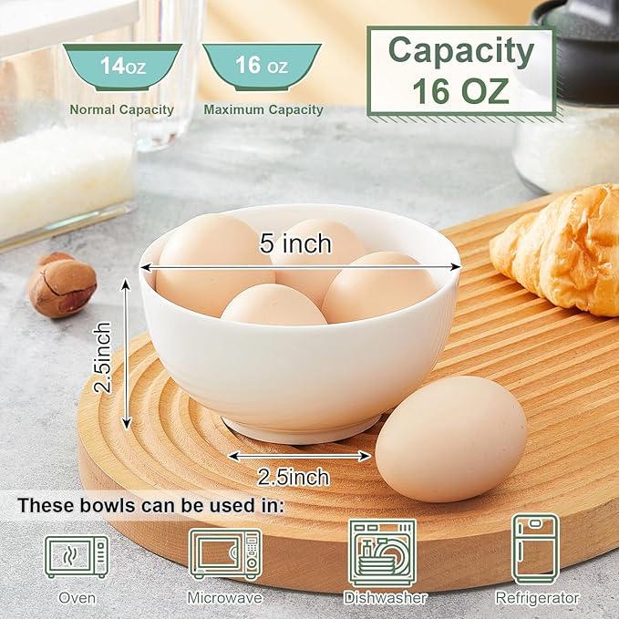 AntoKueh 5-Inch Ceramic Cereal Bowls Set of 6, 16oz Small Bowls for Breakfast, Snacks, Dessert - Microwave & Dishwasher Safe, White