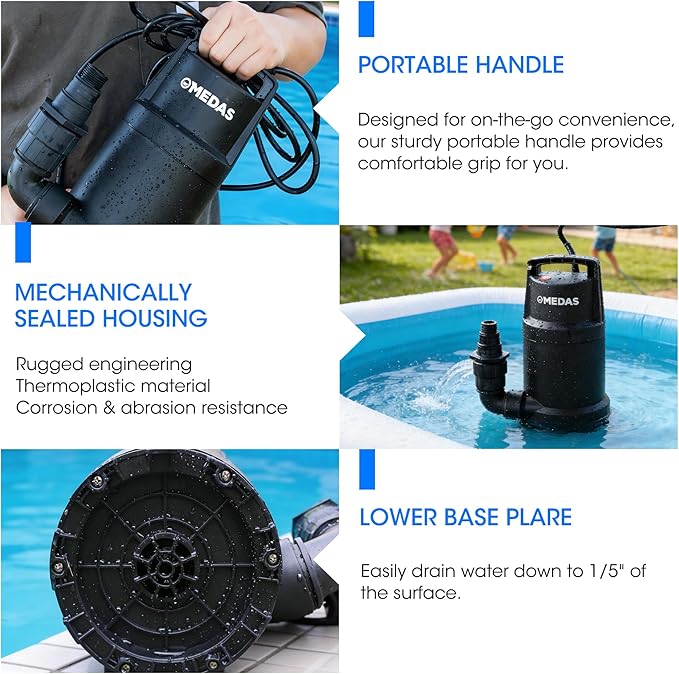 MEDAS Portable Sump Pump for Swimming Pool, Garden Pond, Basement Water Removal with 10ft Power Cord 1HP 4950GPH