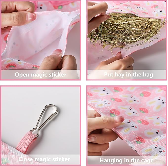 Lesnala 2pcs Bunny hay feeder Rabbit hay feeder bag Hanging guinea pig hay bag Large capacity cotton canvas fabric hay bag for Rabbits Bunny Chinchillas Hamsters and Other Small Pets(3 Holes,2 styles)