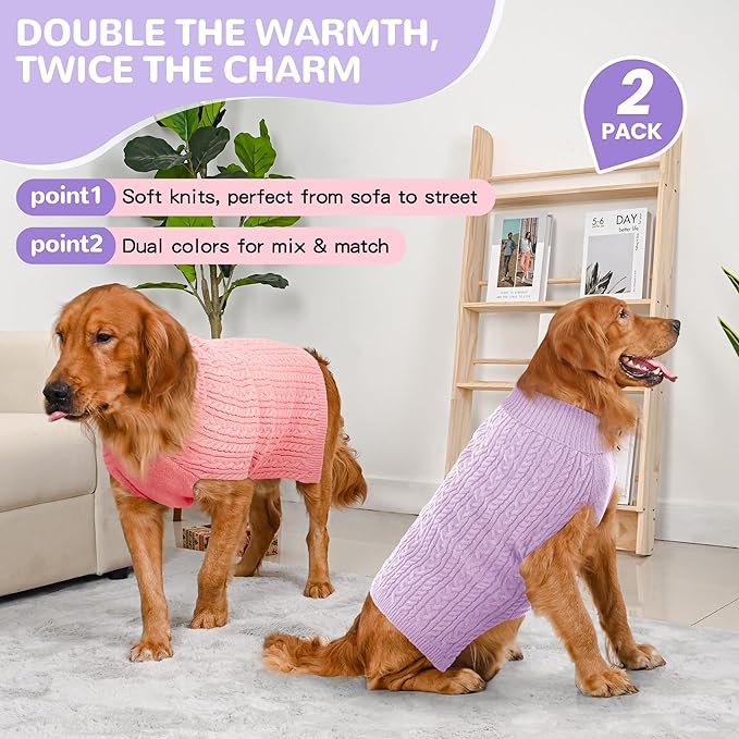 2 Pack Dog Sweaters for Large Dogs Winter Turtleneck Pullover Cable Knit Fleece Stretch Pitbull Labrador Golden Retriever Doberman Bulldog Boy Girl Pet Clothes (XL, Pink & Purple)