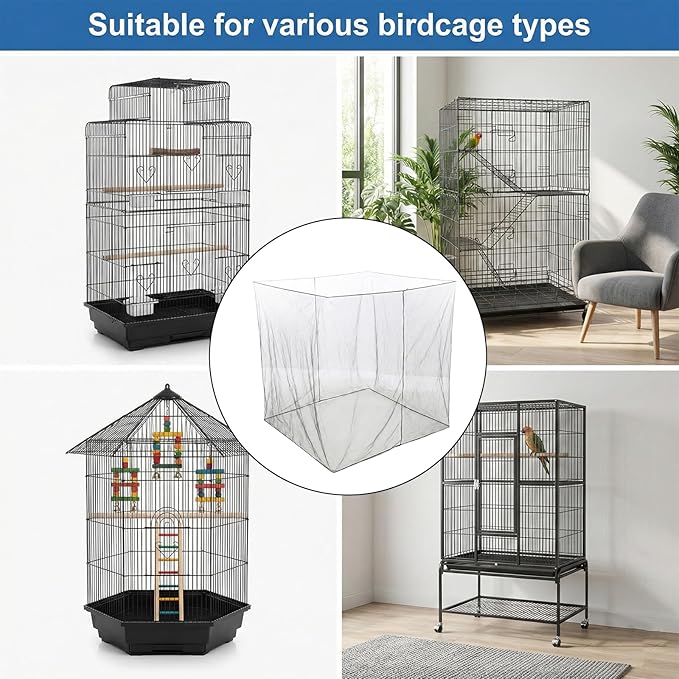 Trinkrittey Large Bird Cage Seed Cather, Black Bird Cage Cover Universal Nylon Birdcage Net Elastic Band Skirt Seed Guard for Parrot Parakeet Macaw(118 x 31.5in/300 x 80cm)