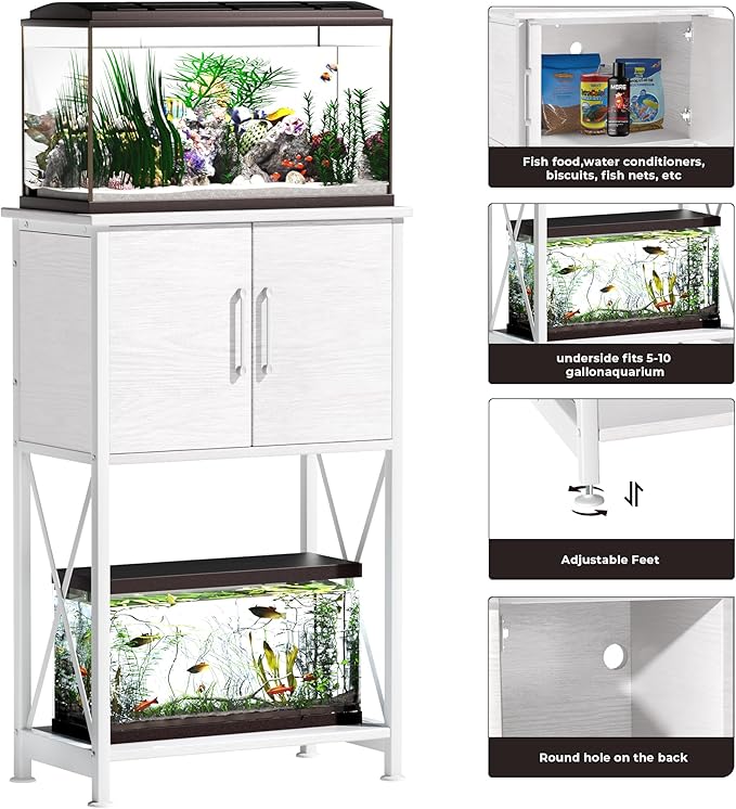 Herture 5-10 Gallon Fish Tank Stand, Metal Double Aquarium Stand with Cabinet for Fish Tank Accessories Storage, Heavy Duty 20.5" L* 11.02" W Tabletop, 500LBS Capacity White PG06YGW