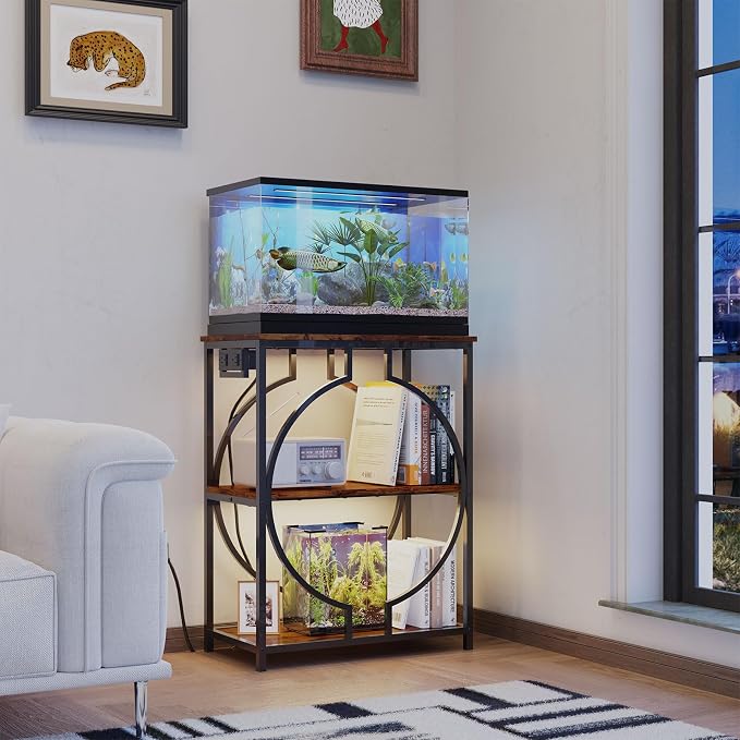 HavenlyYouth 10 Gallon Aquarium Stand with Power Outlet, 3 Tier Heavy Duty Metal Fish Tank Stand with Storage, Fish Tank Table for Home Office, 21.3" x 11.8" x 29", Rustic Brown