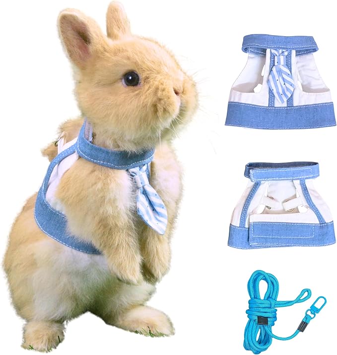 SMOLKITH Rabbit Clothes - Bunny Adjustable Blue and White Vest with Leash, Small Animal Apparel for Walking - Fits Guinea Pigs, Chinchillas, Meerkats, Prairie Dogs, Pet Rats and More