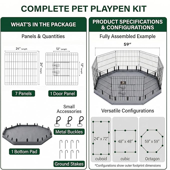 PJYuCien Dog Playpen with Bottom Pad - Metal Foldable Exercise Pen, 8 Panels 24" H x 24" W Indoor Outdoor Pet Fence Puppy Crate Kennel, Gray