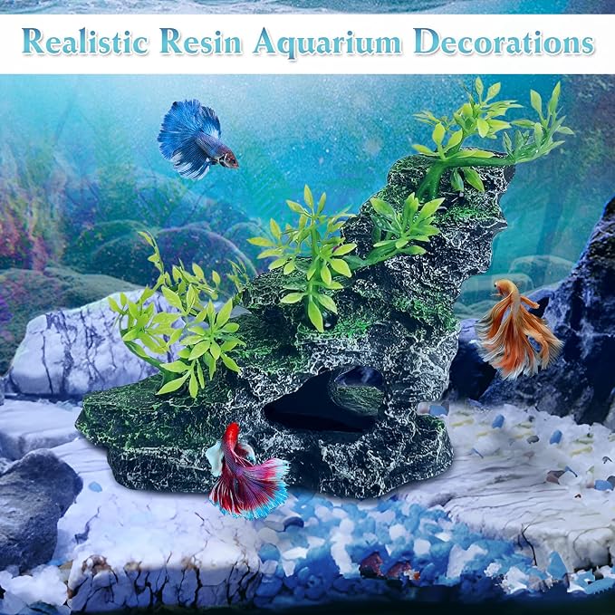 kathson Aquarium Mountain View Stone Resin Fish Tank Decorations Betta Hideout Caves Rockery Landscape Tree Aquarium Decorations Rock Hiding Cave Decor for Small Fish Shrimp Play Ornament