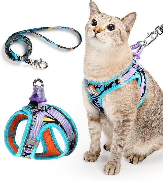 PetThem Upgraded Cat Harness and Leash Set - Step-in Escape Proof Adjustable Cat Harness, Comfortable Soft Lightweight, Reflective Harness for Walking, Travel, Camping (Butterfly Magic, M)