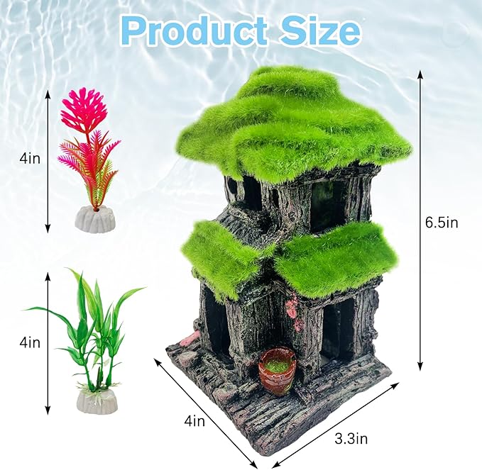 Hamiledyi Fish Hideout House for Aquarium Decorations, Betta Cave with Lifelike Moss, Come with 2 PCS Artificial Plants, Fish Tank Decoration for Shrimp Fish Shelter