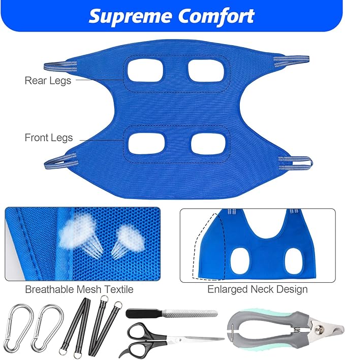 ATESON Pet Grooming Hammock Harness for Cats & XS Small Dogs, Dog Sling for Cutting Nails, Dog Hanging Holder Hanger for Nail Trimming with Nail Clippers, Nail File, Scissors