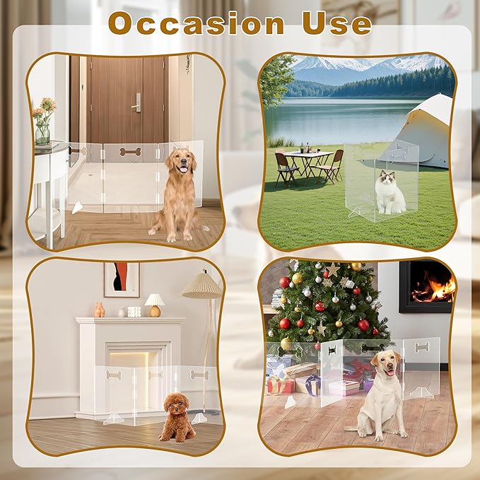 Clear Acrylic Dog Gate, 4 Panel 96" W x 31.5" H, Transparent Freestanding Pet Playpen Indoor, Foldable Pet Fence Barrier for Doorway with Handle/Support Feet