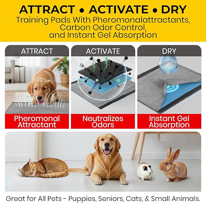 Glad for Pets Black Charcoal Puppy Pads, 23 x 23 Inch, 6-Layer Leak-Resistant Design, Activated Carbon Odor Control, Pheromone Attractant for Potty Training, 14 Count