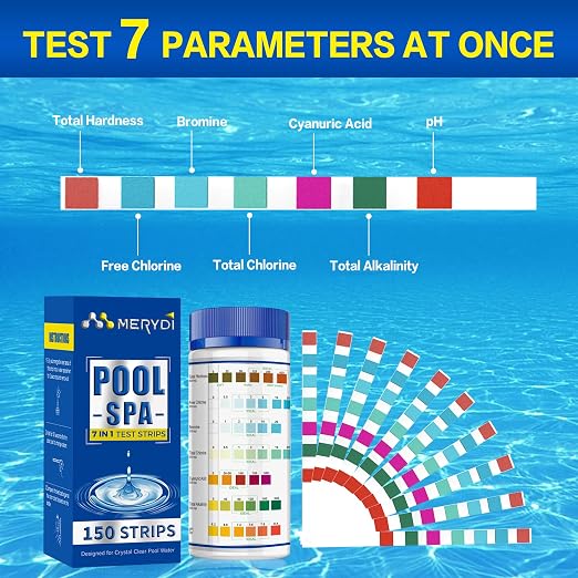 7-Way Pool Test Strips,150 Strips Pool and Hot Tub Test Strips | Accurate Test Bromine,Total Alkalinity,pH,Free Chlorine,Total Hardness,Cyanuric Acid and Total Chlorine