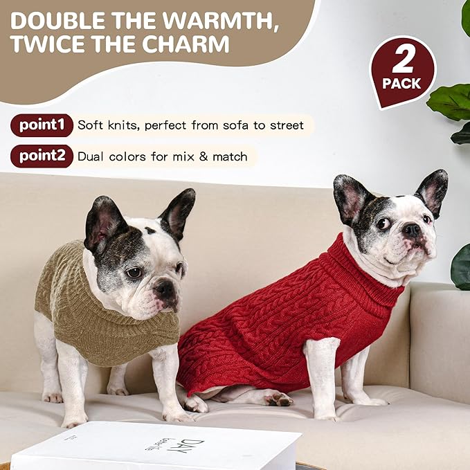 2 Pack Dog Sweaters for Medium Dogs Winter Turtleneck Pullover Cable Knit Fleece Stretch Frenchie Dachshund Pug Corgi Beagle Boy Girl Pet Clothes (M, Red & Brown)