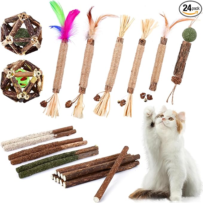 WOUSEDO Catnip Chew Toys for Cats, 24 Pack Cat Toys with Silvervine Sticks, Natural Silvervine Stick Cage Balls & Bell Balls for Indoor Cats