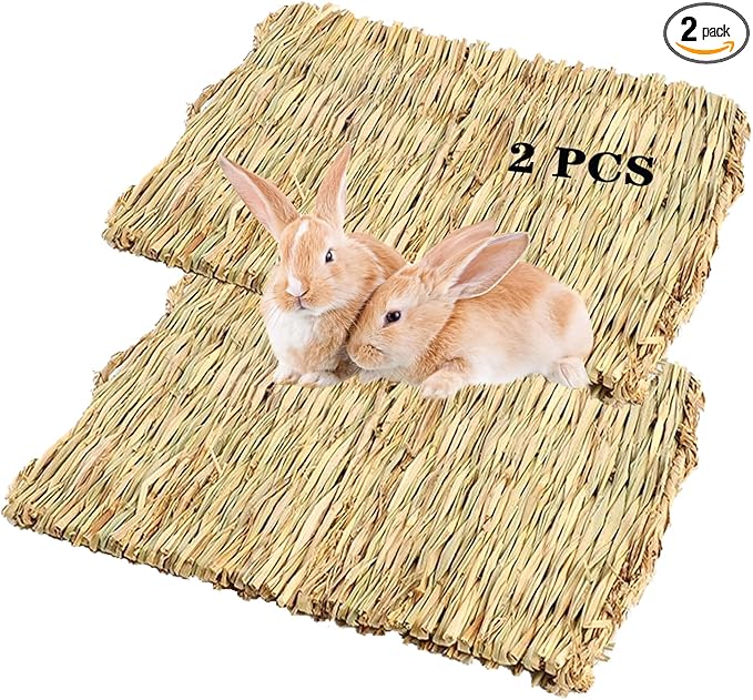 PINVNBY Natural Grass Mat for Rabbits,2 Pack Rabbit Hay Mats,100% Handwoven Hay Chewable Bedding & Cooling Mat for Bunny Guinea Pigs Hamsters Chinchillas - Eco-Friendly Cage Liner,Nesting Toy