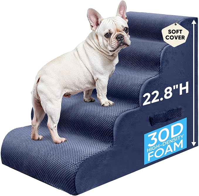 PAWSCRAT Pet Stairs for Dogs 5-Step, 22.8" H Pet Stairs for High Bed, Couch Sofa & Chair, 30D Material Soft Foam Dog Steps with Non-Slip Bottom Surface Removable Washable Cover, Blue